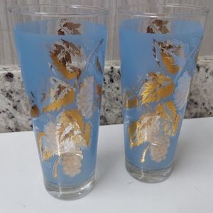 2 Vintage Frosted Blue Gold Leaf Bar Glass with Grapes and Scrolls